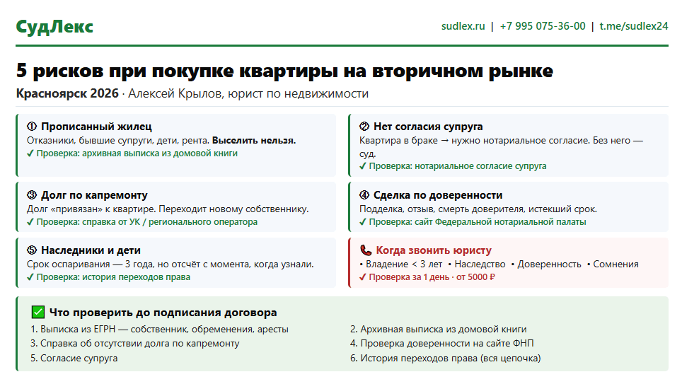 Риски при покупке квартиры в Красноярске 2026: что проверяет юрист, а что вы упускаете Риски при покупке квартиры в Красноярске — юрист Алексей Крылов